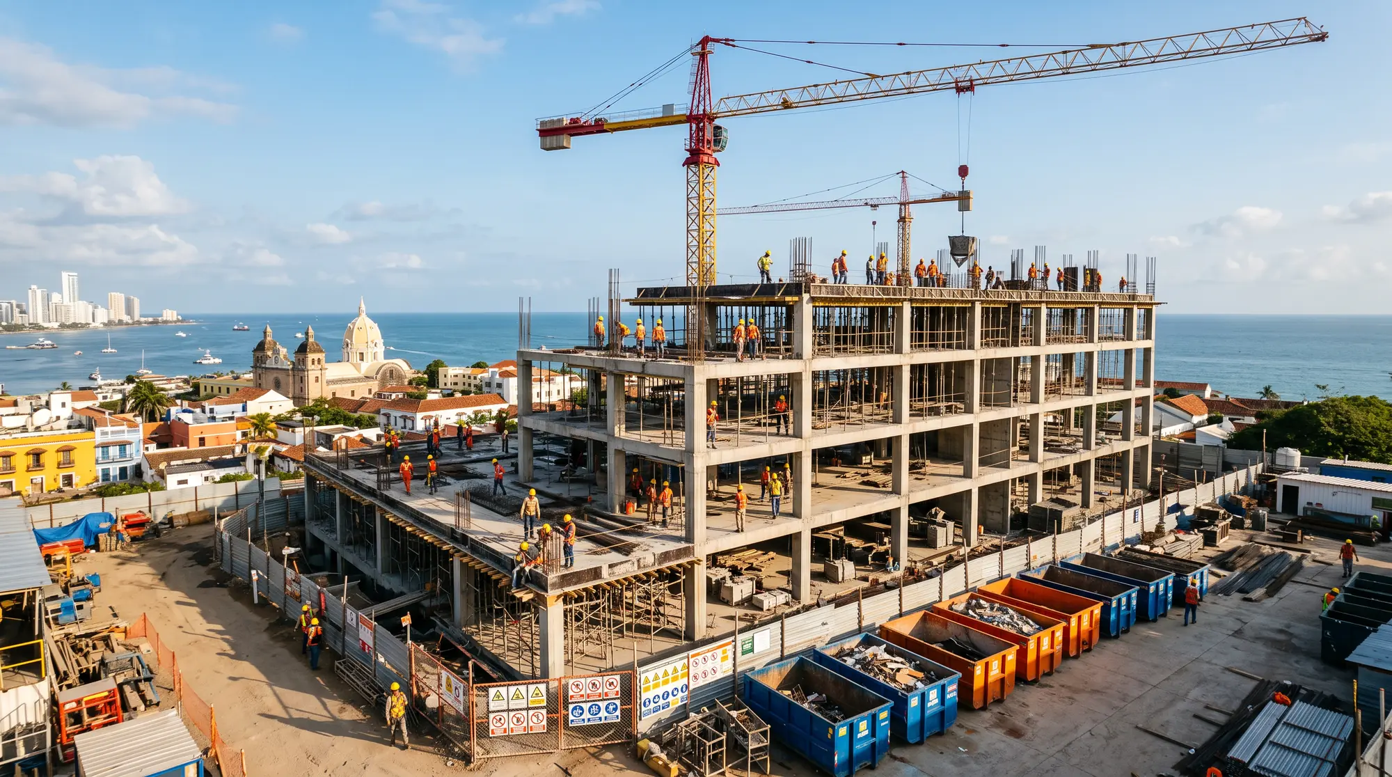 Obra en construcción con grúa y trabajadores con equipo de protección