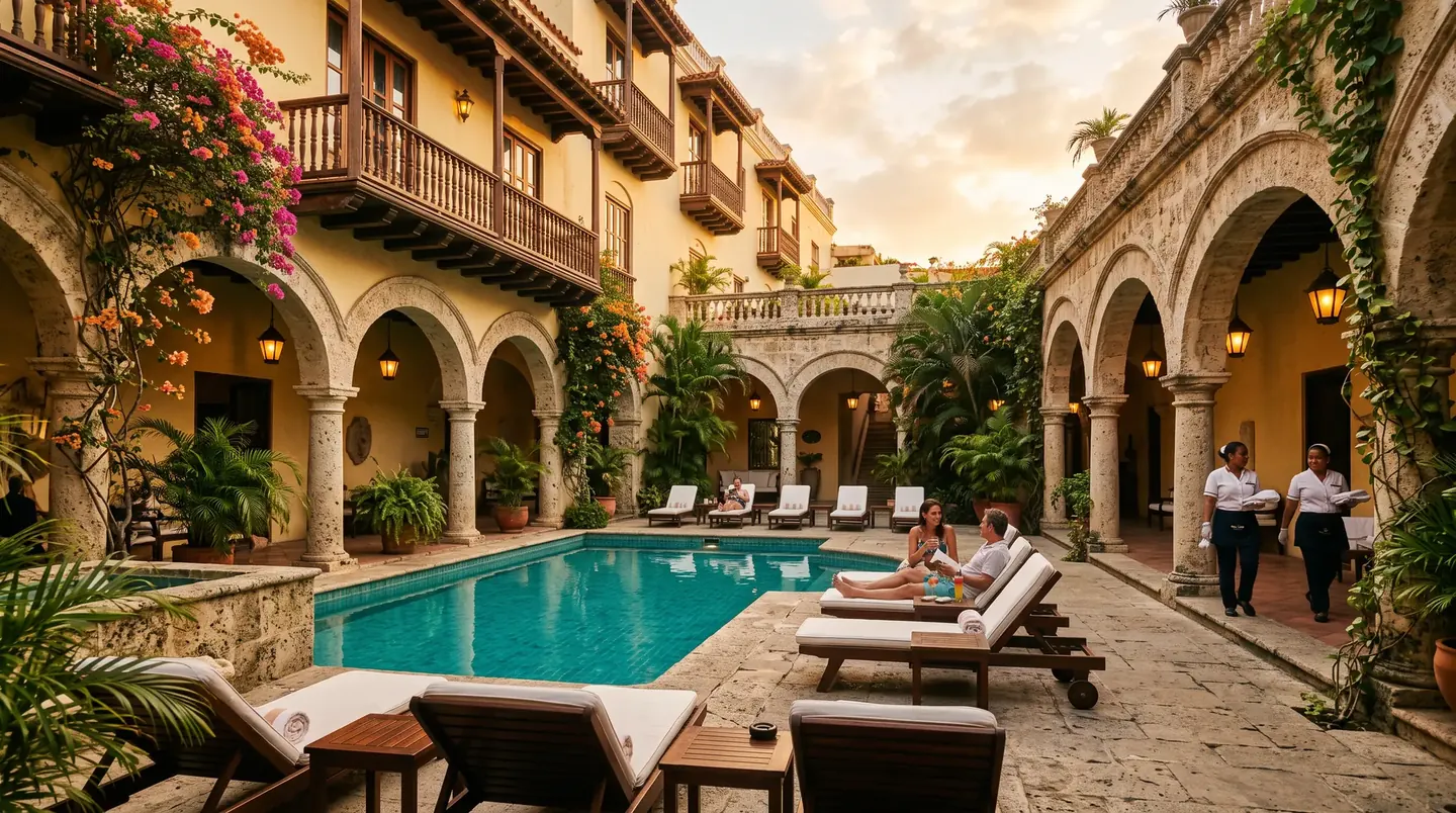 Patio de hotel colonial con piscina en Cartagena
